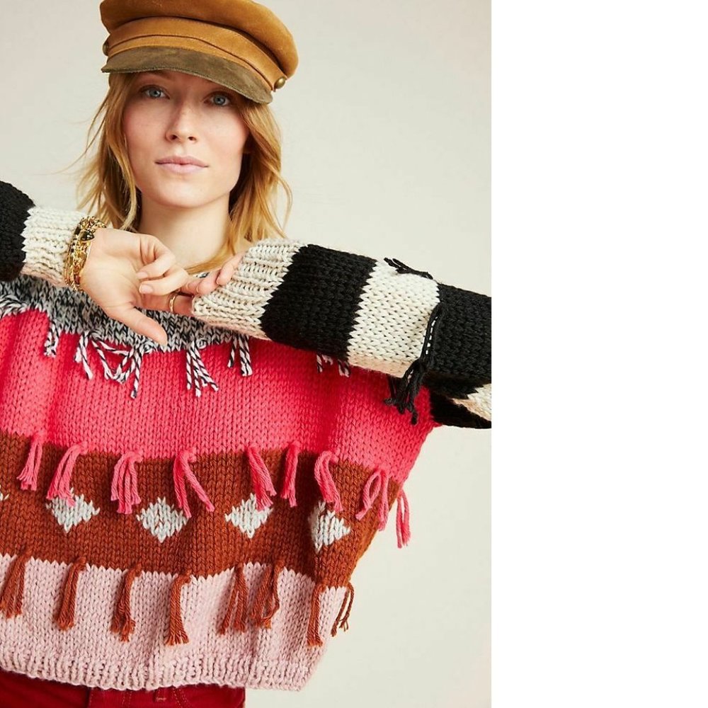 Handwoven in Argentina Anthropologie Pina Fringed Cropped Sweater